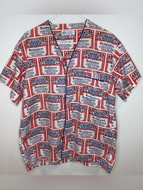 Vintage Budweiser AOP Logo Beer Button Down Shirt Size Large Kmart Lager Beer